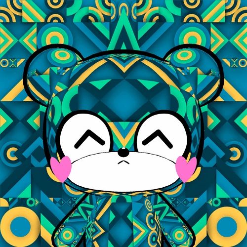 A digital illustration of a stylized, cartoonish bear character with closed, happy eyes and pink heart-shaped cheeks, set against a complex, geometric background. The image features a vibrant color palette of teal, blue, and yellow, with the bear's fur and the background composed of intricate, repeating patterns.