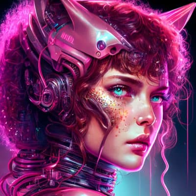 A digital art portrait of a woman with a cyberpunk aesthetic, featuring a metallic, mechanical headpiece and glowing pink and blue lighting. Her face is adorned with sparkling, glitter-like particles, and she has a futuristic, robotic neck structure. The image has a vibrant, neon color palette with a dark background.