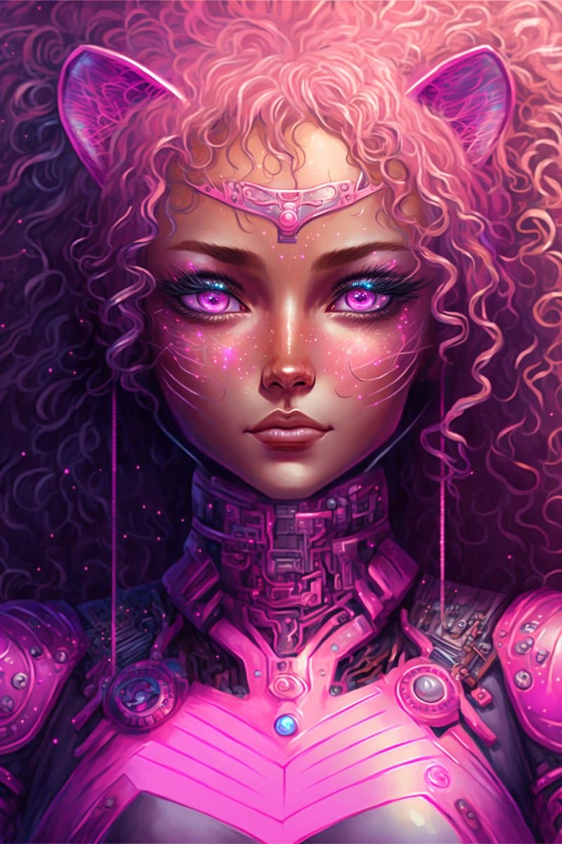 A digital illustration of a female character with pink curly hair, cat ears, and purple eyes, wearing a futuristic pink and purple armored suit with a mechanical collar. The image features a vibrant, neon color palette with glowing accents on the character's face and armor.