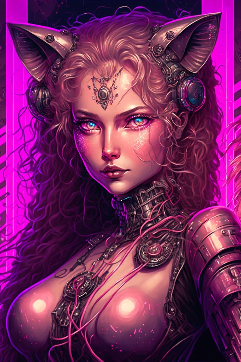 A digital illustration of a female cyborg character with long, curly hair, glowing blue eyes, and mechanical cat ears, set against a vibrant pink and purple background. The character features intricate cybernetic implants on her face, neck, and chest, with visible wiring and metallic components. The image has a futuristic, cyberpunk aesthetic with neon lighting effects.