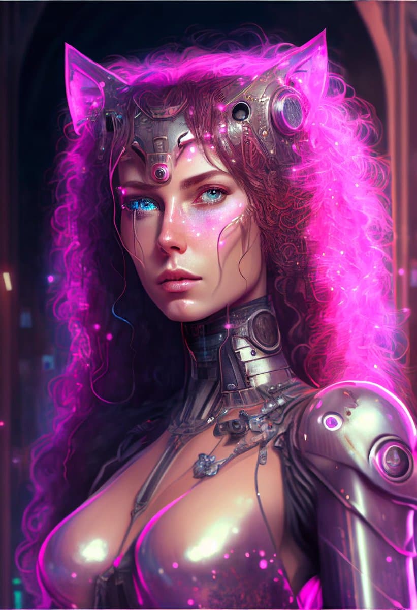 A digital artwork depicting a female cyborg character with glowing pink hair, cat-like ears, and metallic facial and neck implants. The image features a futuristic, cyberpunk aesthetic with vibrant neon lighting.