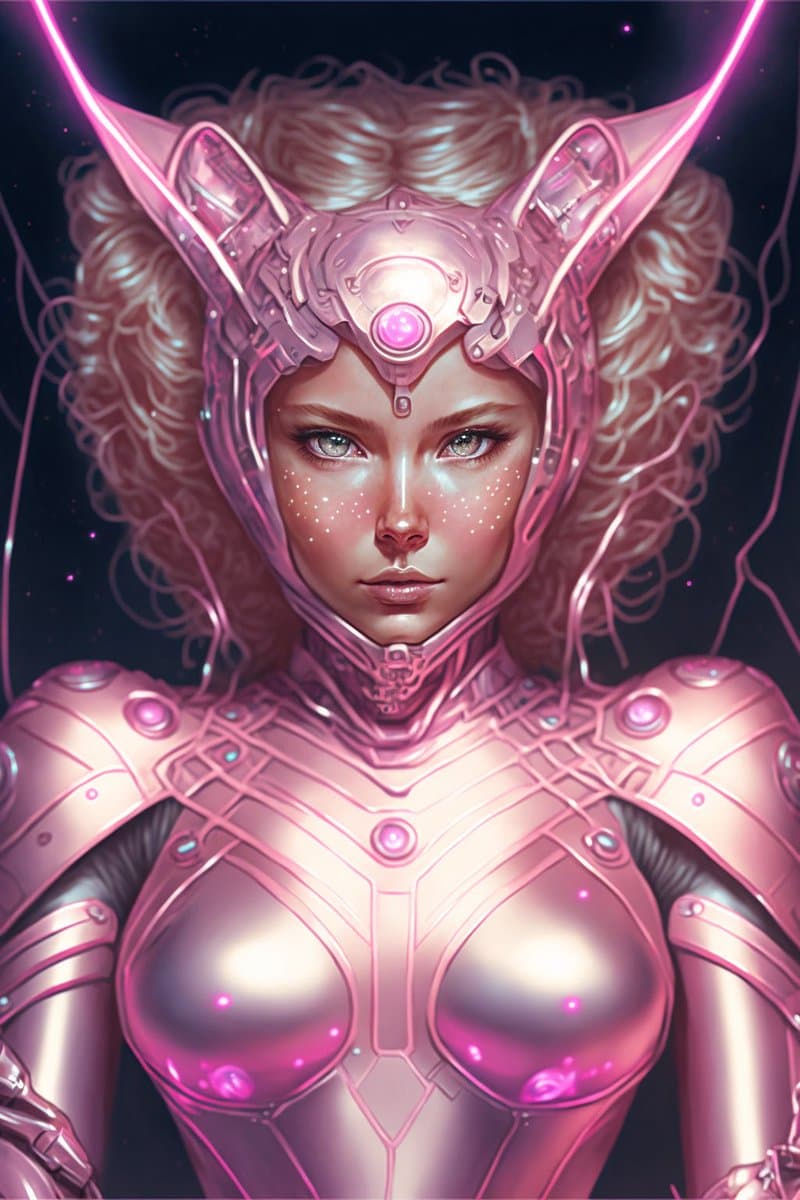 A digital illustration of a female character with curly blonde hair, wearing a futuristic pink and metallic armor suit with a helmet featuring large, pointed ear-like structures. The character has a serene expression and is set against a dark, starry background.