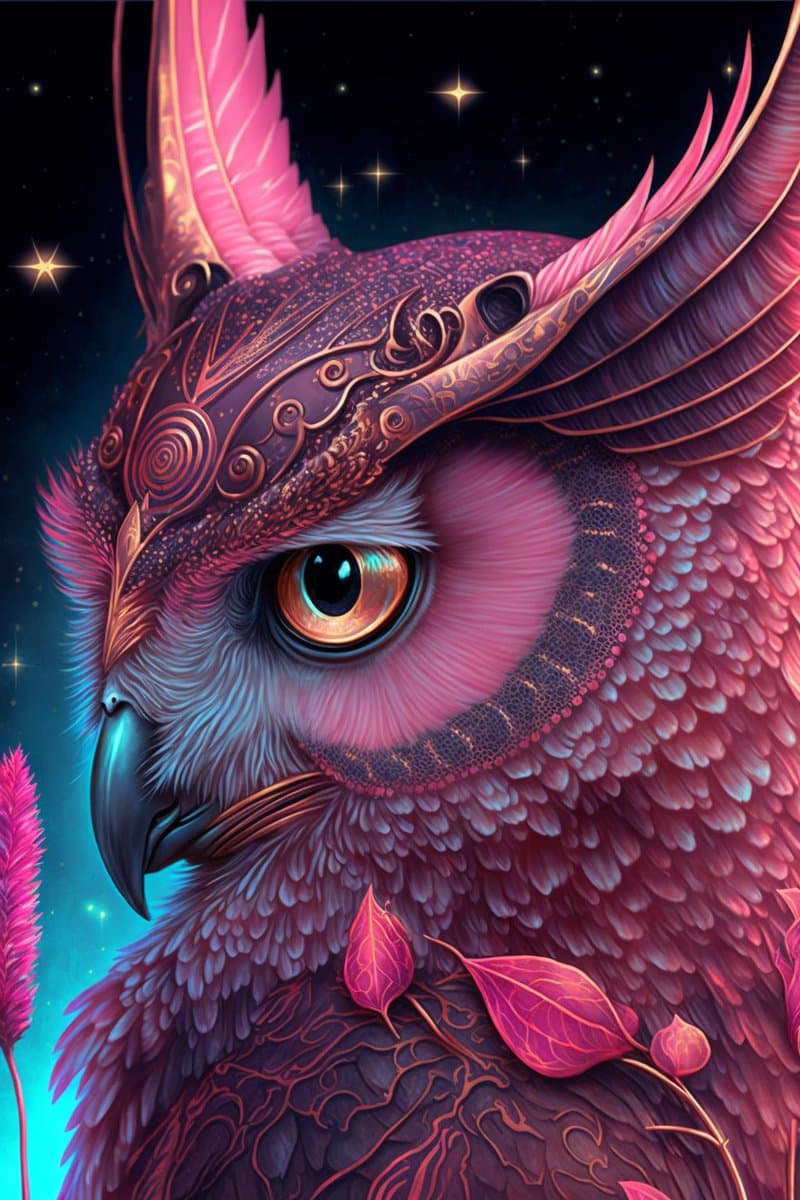A close-up digital illustration of a fantastical owl with pink and purple feathers, ornate golden patterns on its head, and a large amber eye, set against a starry night sky. The owl has a black beak and is surrounded by pink leaves and glowing elements.