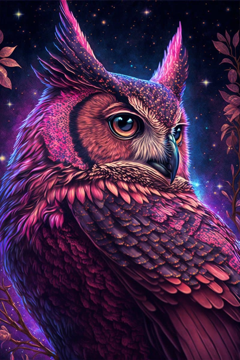 A vibrant digital illustration of an owl with pink and purple feathers, set against a starry night sky. The owl has large, expressive eyes and is depicted in a close-up portrait style with detailed feather textures and glowing accents.