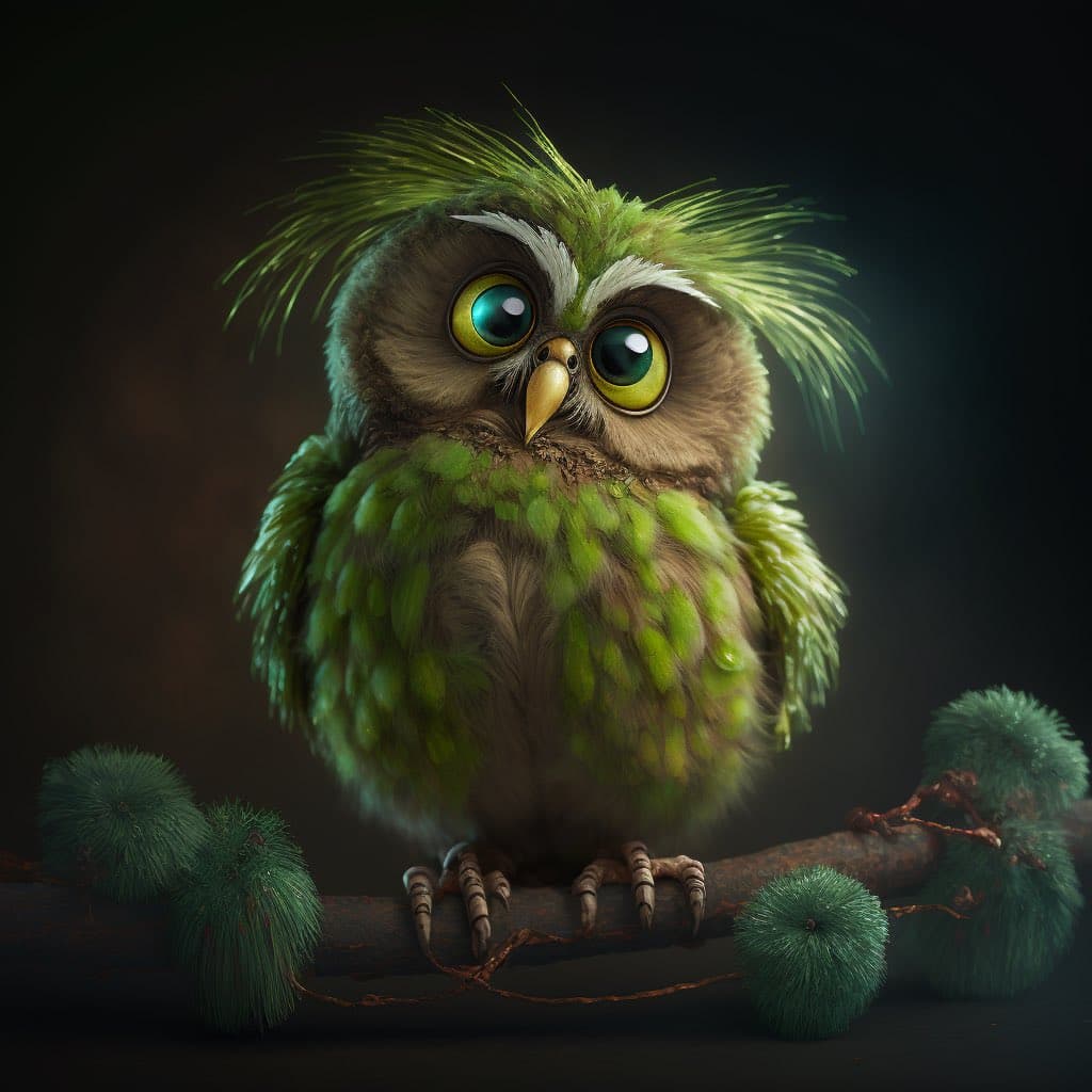 A digital illustration of a fluffy owl with green, moss-like feathers and tufts on its head, perched on a branch decorated with green, fuzzy ornaments. The owl has large, expressive eyes and a stern expression, resembling the character the Grinch.