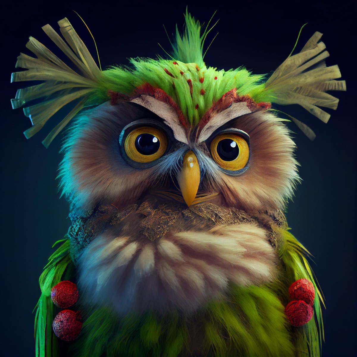A digital illustration of an owl dressed as the Grinch, featuring green feathers on its head and body, a red and green headband, and red berry-like ornaments on its chest. The owl has a stern expression with large yellow eyes and a yellow beak, set against a dark background.