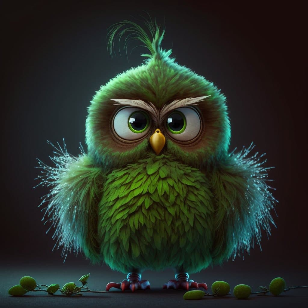 A digital illustration of a fluffy, green, Grinch-themed owl with large, expressive eyes and a yellow beak, standing on a dark surface with small green berries scattered at its feet.