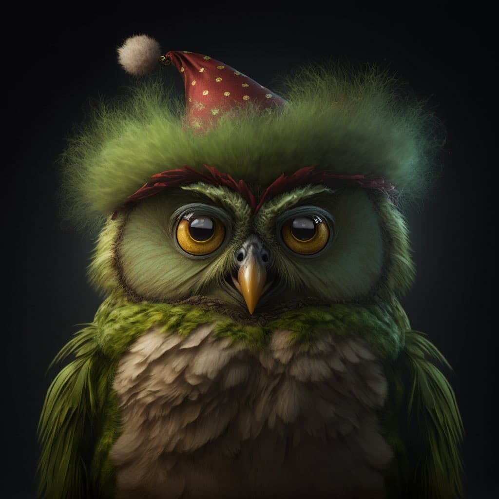 A digital illustration of a green-feathered owl with large yellow eyes, wearing a red Santa hat with a white pom-pom and gold dots. The owl has a stern expression with red feathered eyebrows, set against a dark background.