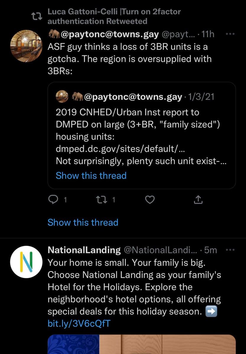 A screenshot of a Twitter conversation showing a retweet by Luca Gattoni-Celli of a post by @paytonc@towns.gay, which discusses housing unit supply, followed by a reply from NationalLanding.