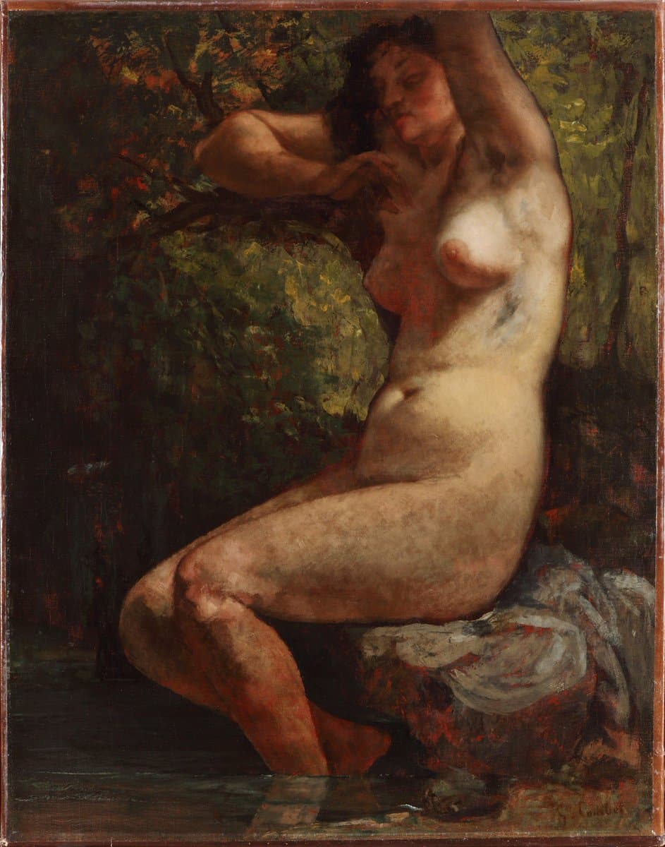A classical oil painting depicting a nude female figure seated on a rock in a wooded setting, with her head resting on her hand and one arm raised. The artwork features a dark, naturalistic background with green foliage and a visible artist's signature in the lower right corner.