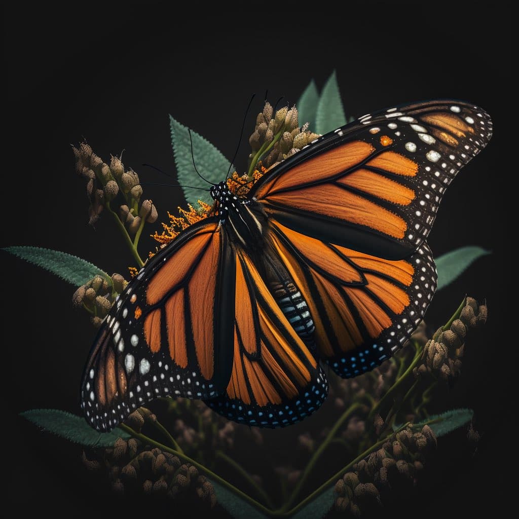 A digital illustration of a monarch butterfly with orange, black, and white wings perched on a plant with green leaves and brown seed pods against a black background.