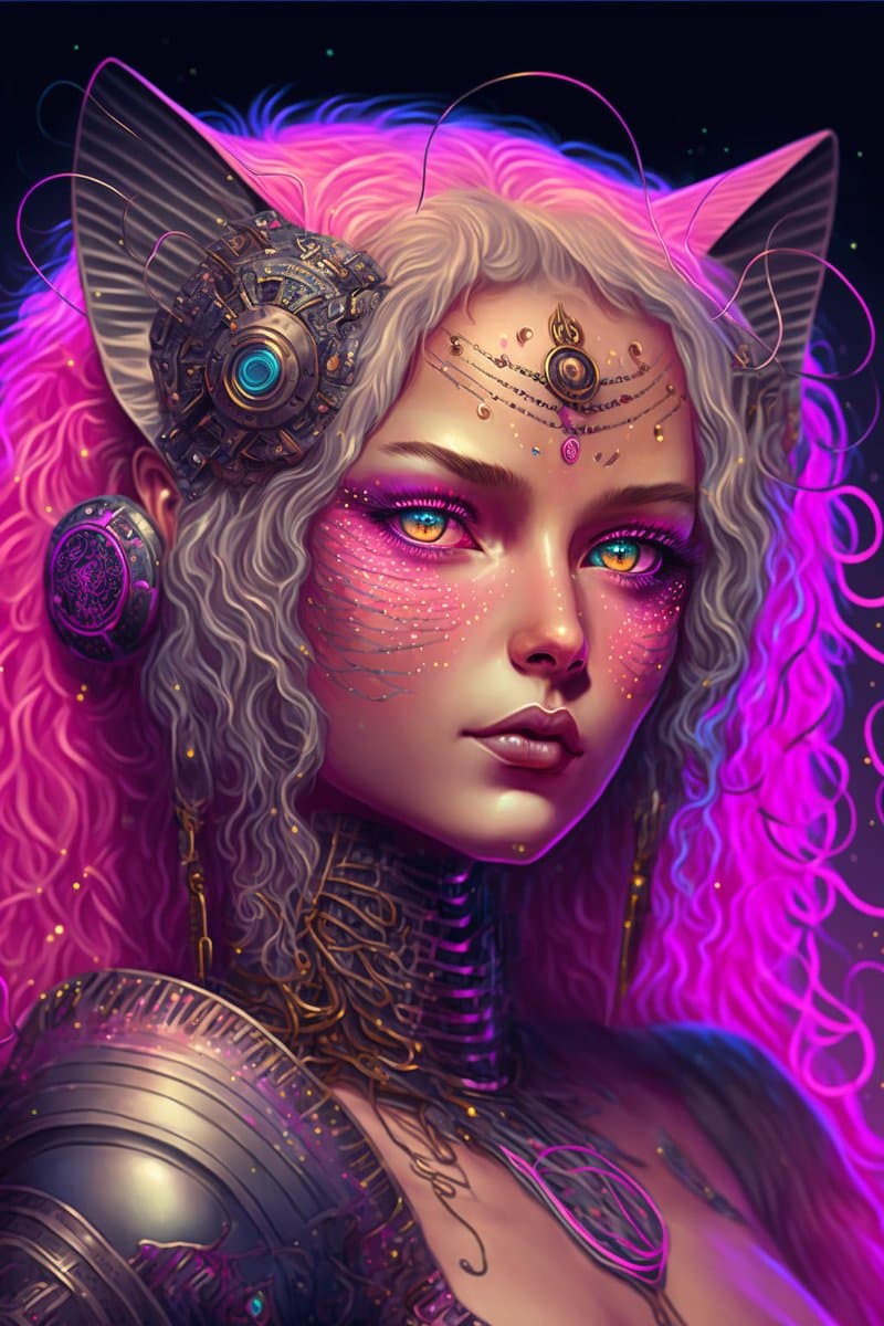 A digital illustration of a cyberpunk-style character with cat ears, glowing eyes, and intricate mechanical and decorative elements on their face and body. The character has vibrant pink and purple hair and is adorned with futuristic accessories.