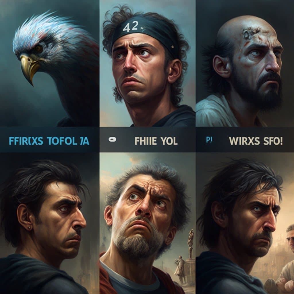 A grid of six AI-generated portrait images featuring a man with various expressions and appearances, including one with a headband reading '42' and one with a bald head and scar. The top row includes a bird and two men, while the bottom row shows three men with different hairstyles and facial hair. Text overlays appear below the top row images.