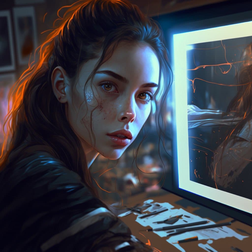 A digital painting of a young woman with dark hair and freckles, looking over her shoulder at the viewer while sitting at a desk with art supplies. She is illuminated by the blue light of a computer monitor displaying an abstract image, with warm orange light highlighting her hair from the side.