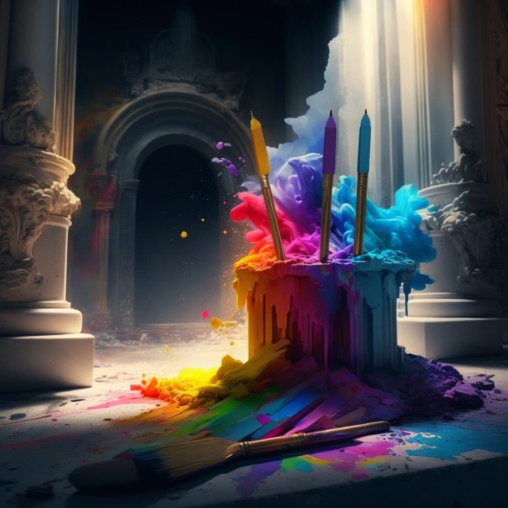 A digital artwork depicting three colored pencils (yellow, purple, and blue) standing in a container of vibrant, dripping paint, set against a backdrop of classical architecture and dramatic lighting. A paintbrush lies on the colorful, splattered floor in the foreground.