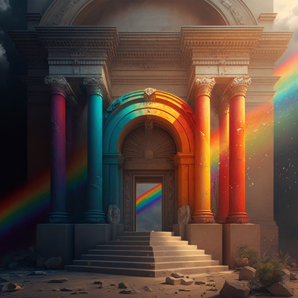 A digital artwork depicting a classical stone building with a large arched entrance, flanked by four columns colored in a rainbow gradient. A rainbow arches over the doorway and another is visible through the open door, set against a dramatic sky with dark clouds on the left and bright light on the right.