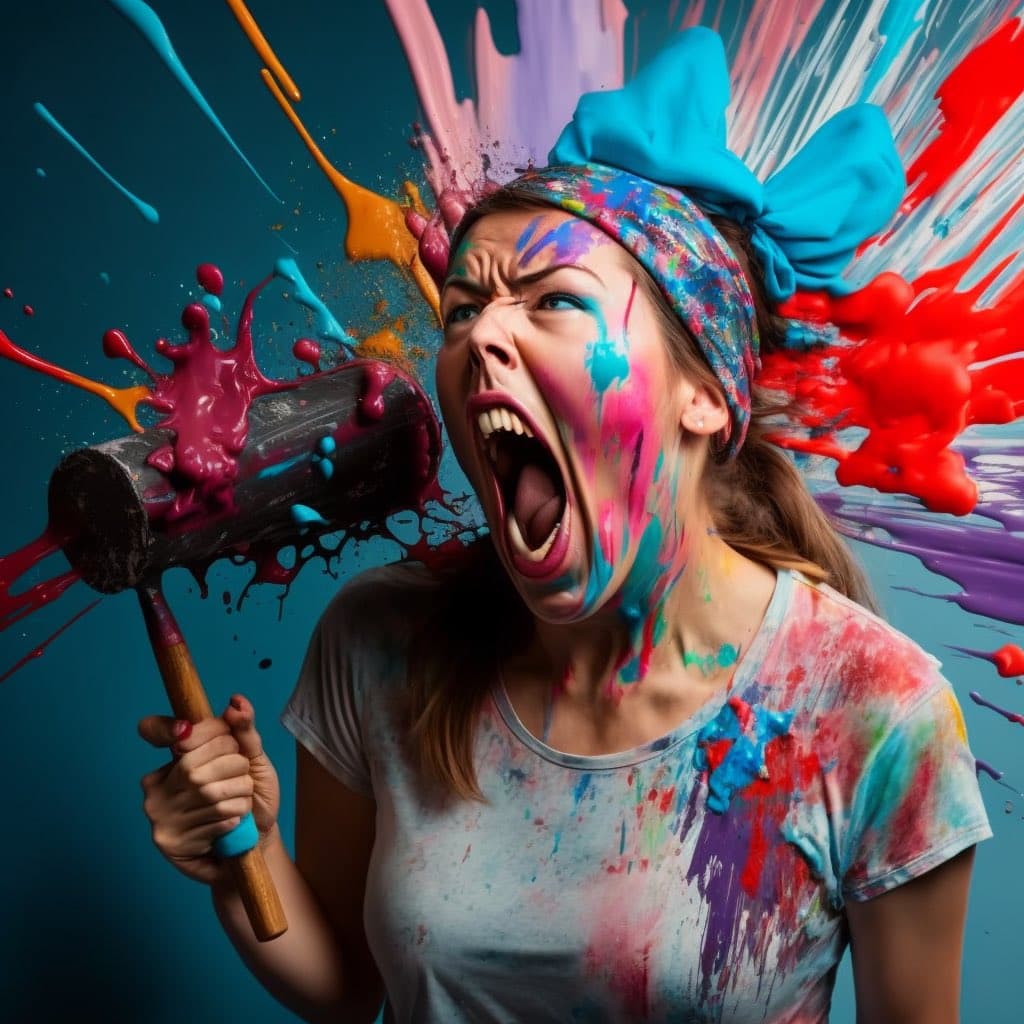 A vibrant, AI-generated image of a woman with a paint-splattered face and headband, screaming while holding a paint-covered sledgehammer. Colorful paint splatters in red, blue, orange, and purple burst outward from behind her against a dark teal background.