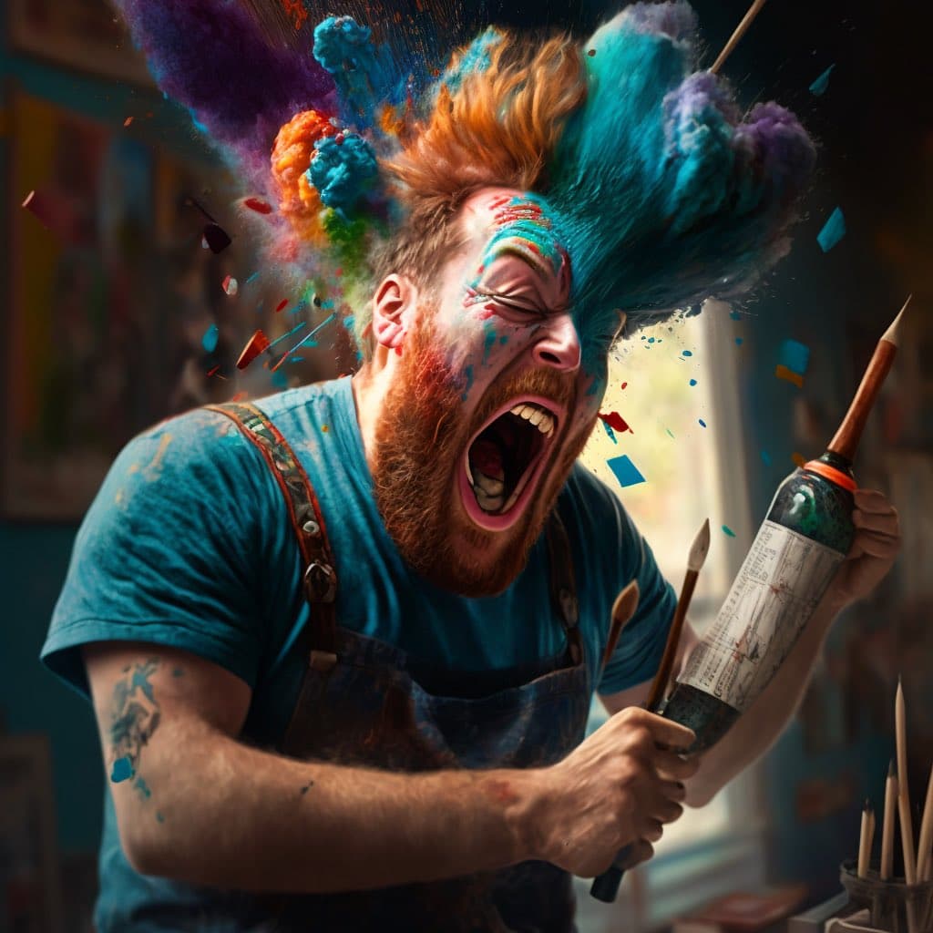 A surreal, AI-generated image of a bearded man in a blue shirt and overalls, screaming with his mouth wide open while colorful paint and powder explode from his head. He holds a paintbrush and a bottle of paint, with splatters of color covering his face and the surrounding area.