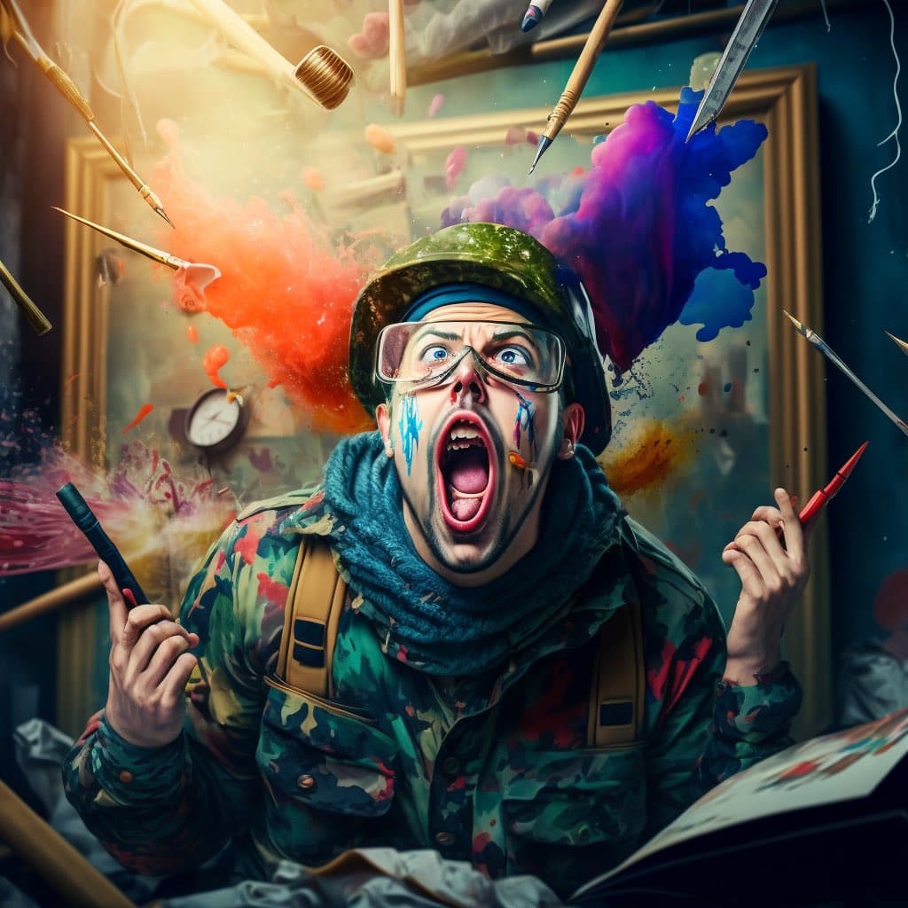 A surreal, AI-generated digital illustration depicting a man in a camouflage jacket and helmet with a shocked expression, surrounded by floating paintbrushes and colorful ink splashes. The scene features vibrant red, blue, and purple ink clouds erupting around the figure, who is holding a red pen and a black marker.