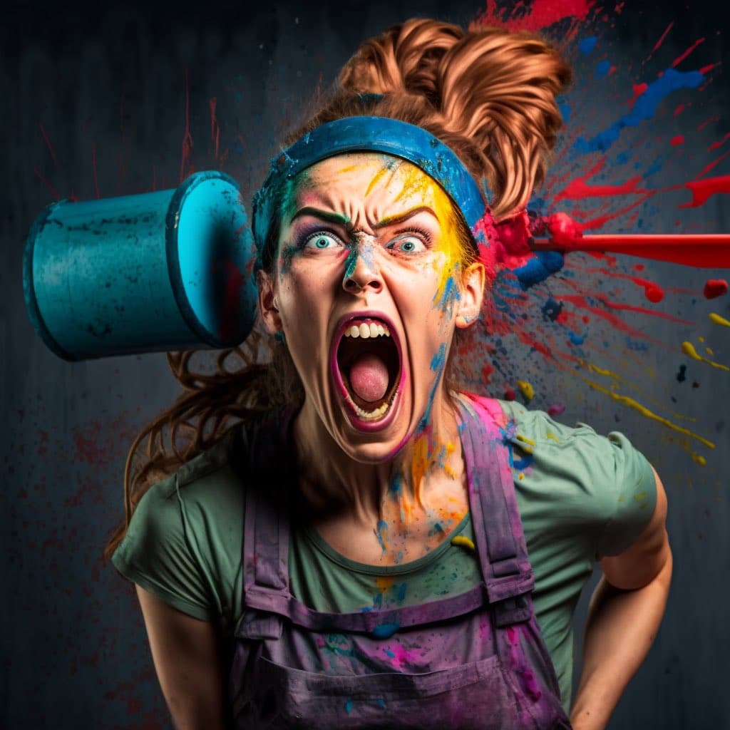 A surreal, AI-generated image of a woman with a shocked expression, covered in colorful paint splatters, with a blue bucket and a red paint splatter appearing to emerge from her head. She is wearing a green shirt and purple overalls.
