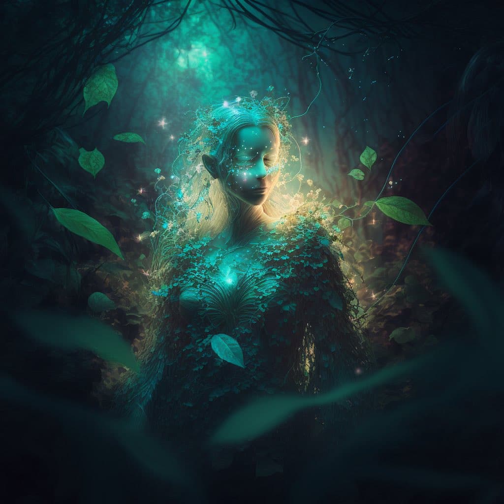A digital fantasy illustration depicting a female figure with a face made of glowing light and a body composed of leaves and vines, standing in a dark, mystical forest. The scene is illuminated by a teal glow and scattered sparkling particles.