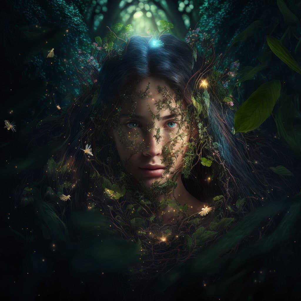 A digital fantasy illustration of a woman with long dark hair, whose face and hair are intertwined with green vines, leaves, and glowing fireflies in a dark forest setting. The image has a mystical, ethereal quality with soft lighting highlighting her features and the surrounding foliage.