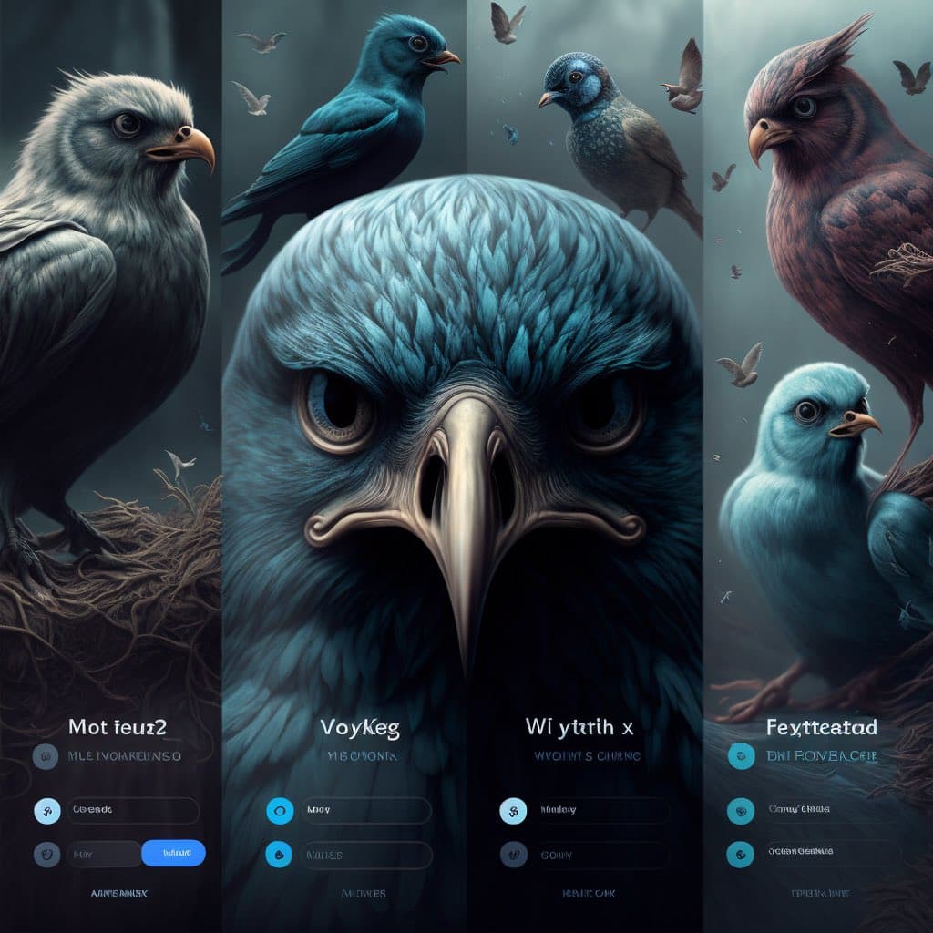 A digital art collage featuring four panels of stylized birds, including a large blue eagle head in the center, set against a dark, moody background. The image includes overlaid text and interface elements resembling a social media or app layout at the bottom of each panel. The overall aesthetic is surreal and detailed, with a focus on feather textures and bird anatomy.