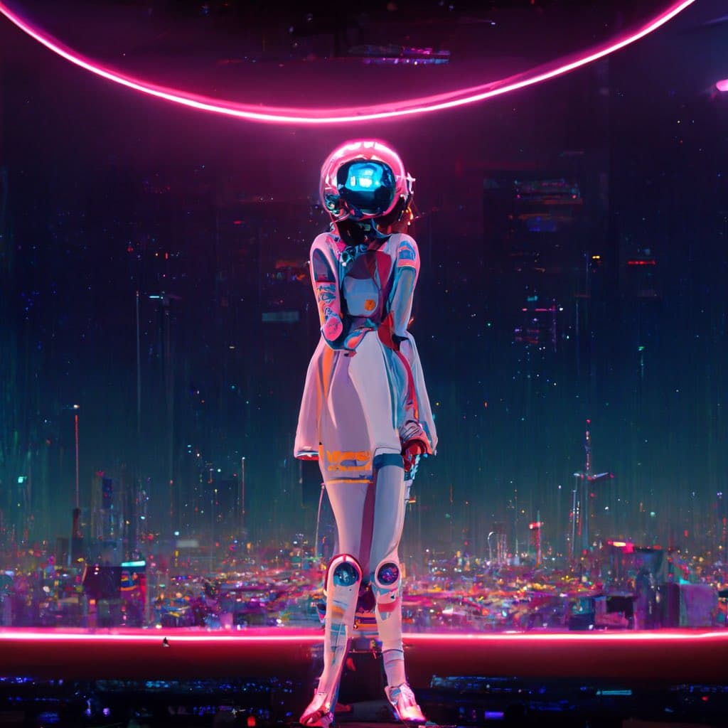 A digital illustration of a humanoid figure in a futuristic white and pink spacesuit with a reflective blue helmet, standing on a platform against a backdrop of a neon-lit cyberpunk city.