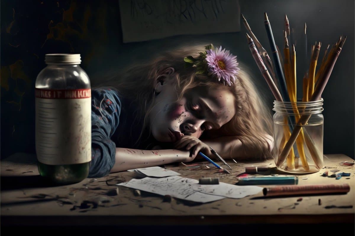 A moody, photorealistic digital illustration of a young girl with a flower in her hair, slumped over a table with paint-stained hands and face, holding a paintbrush. A bottle of medicine and a jar of paintbrushes sit on the cluttered table beside her.