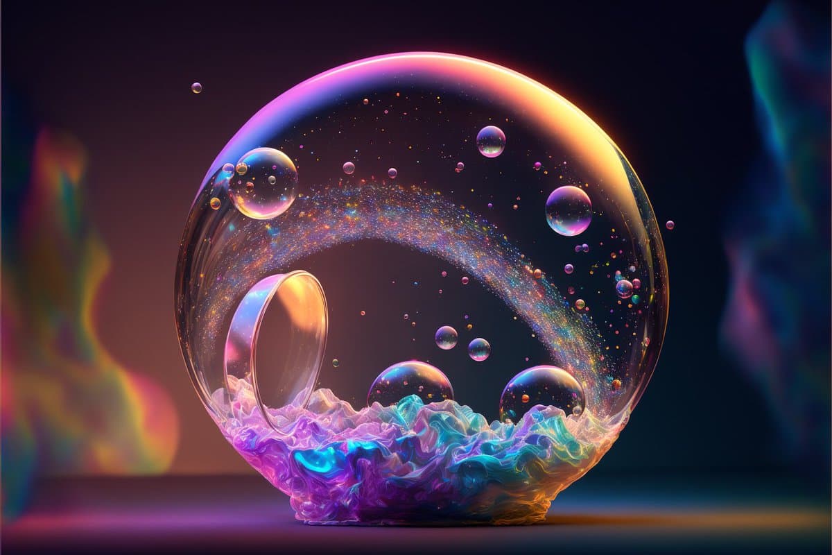 A digital artwork depicting a large, iridescent bubble containing a swirling galaxy of colorful particles and smaller bubbles, resting on a base of vibrant, liquid-like foam. The scene is set against a dark background with blurred, colorful shapes on either side.