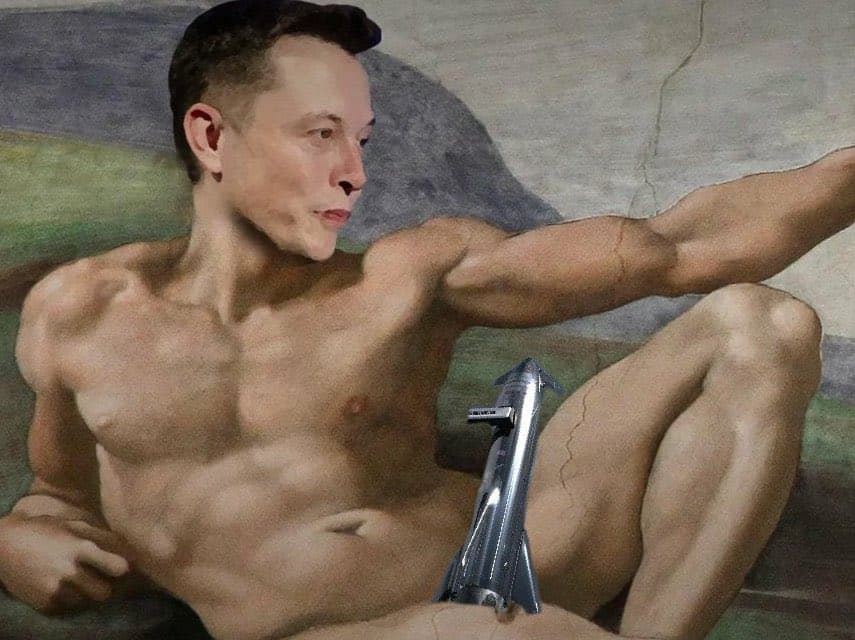 A digital meme featuring a photo of Elon Musk's face superimposed onto the body of the figure from Michelangelo's painting 'The Creation of Adam.' A small SpaceX Falcon 9 rocket has been edited into the figure's crotch area.