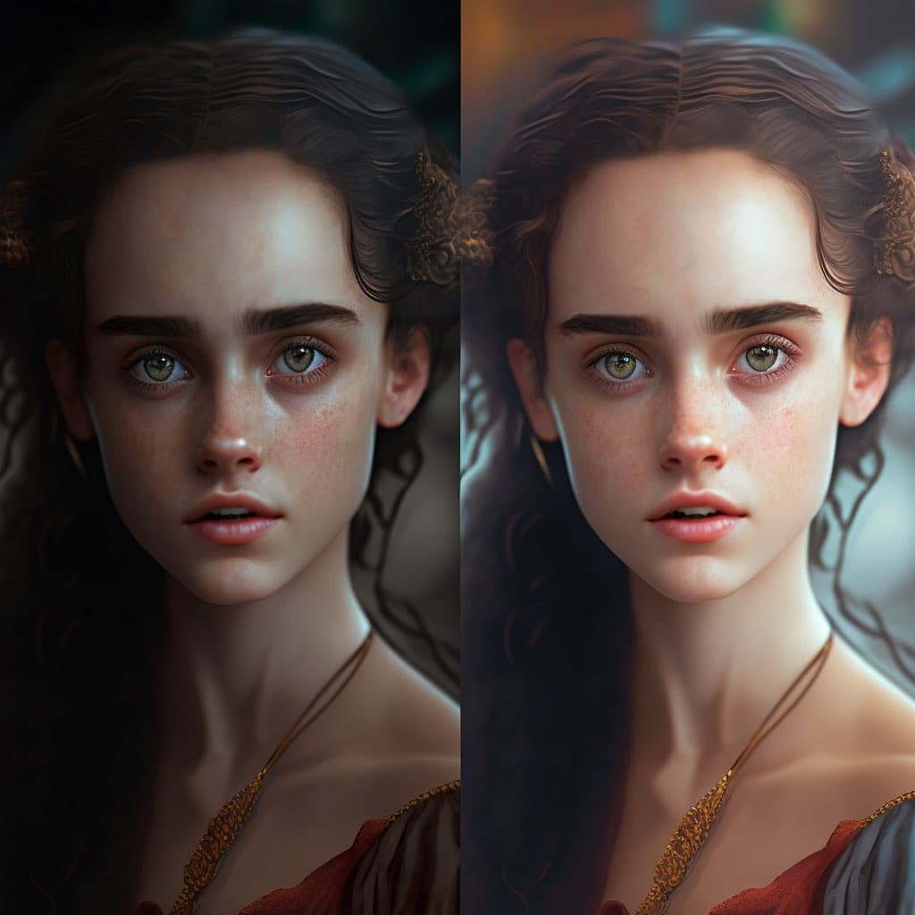 A side-by-side comparison of two digital portraits of a young woman with dark curly hair, green eyes, and freckles, shown in a painterly style. The left image is darker and more shadowed, while the right image is brighter with warmer lighting. Both portraits show her wearing a red garment with a gold-trimmed neckline.