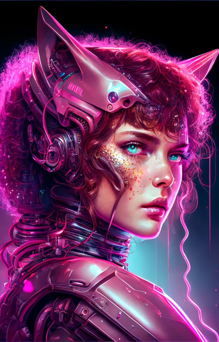 A digital art portrait of a female cyborg with cat-like ears, featuring a human face with glowing blue eyes and intricate mechanical components integrated into her hair and neck, illuminated by vibrant pink and purple neon lighting. The image has a futuristic, cyberpunk aesthetic with detailed metallic textures and glowing accents.