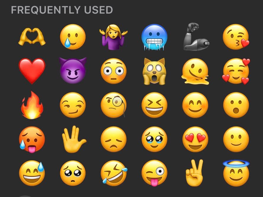 A grid of frequently used emojis displayed on a dark background, including faces, symbols, and objects. The title "FREQUENTLY USED" appears at the top left.