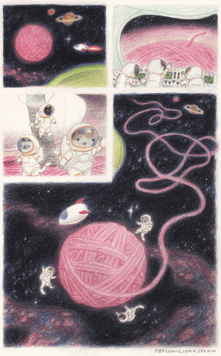 A multi-panel comic illustration depicting cats in astronaut suits exploring space, where planets and celestial bodies are represented as balls of pink yarn. The artwork features a whimsical, hand-drawn style with a color palette of pinks, purples, and dark blues.