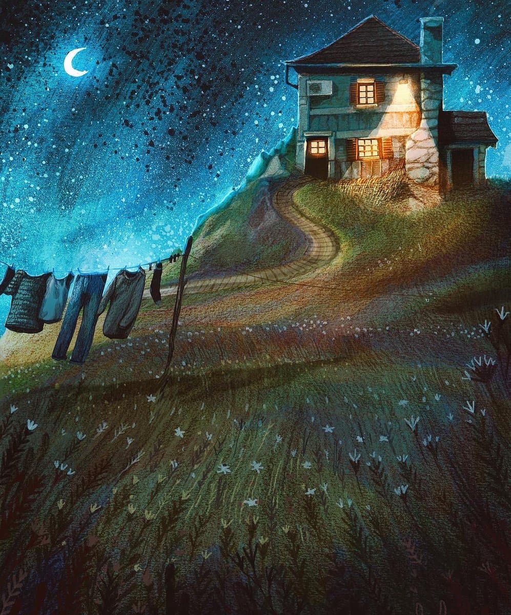 A digital illustration depicting a cozy house on a hill at night, illuminated by warm light from its windows and a beam of light from a chimney. A clothesline with laundry hangs in the foreground against a starry sky with a crescent moon.