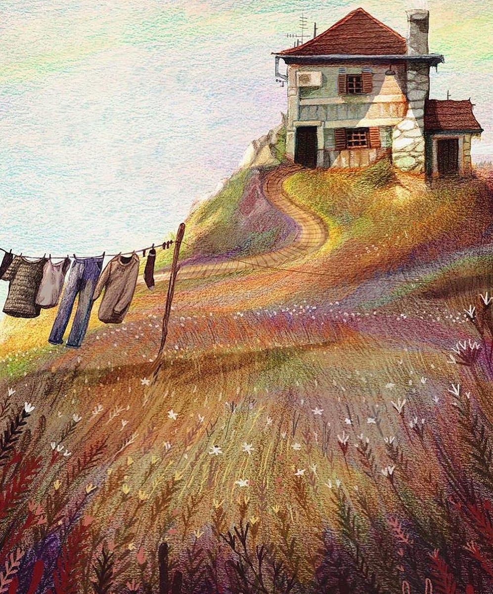 A colorful, textured illustration depicts a house on a hill with a winding path leading to it, while laundry hangs on a clothesline in the foreground. The scene is rendered in a painterly style with a mix of warm and cool tones.