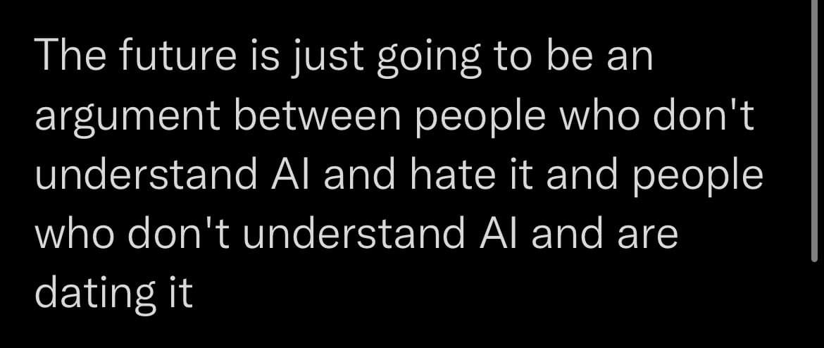 A black background image with white text displaying a humorous quote about the future of AI.