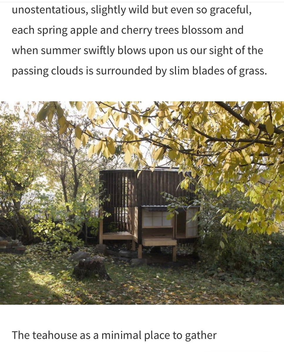 A photograph of a small, rustic wooden teahouse nestled in a lush, leafy garden, framed by overhanging tree branches. The image is accompanied by text above and below, describing the setting and the teahouse's purpose.