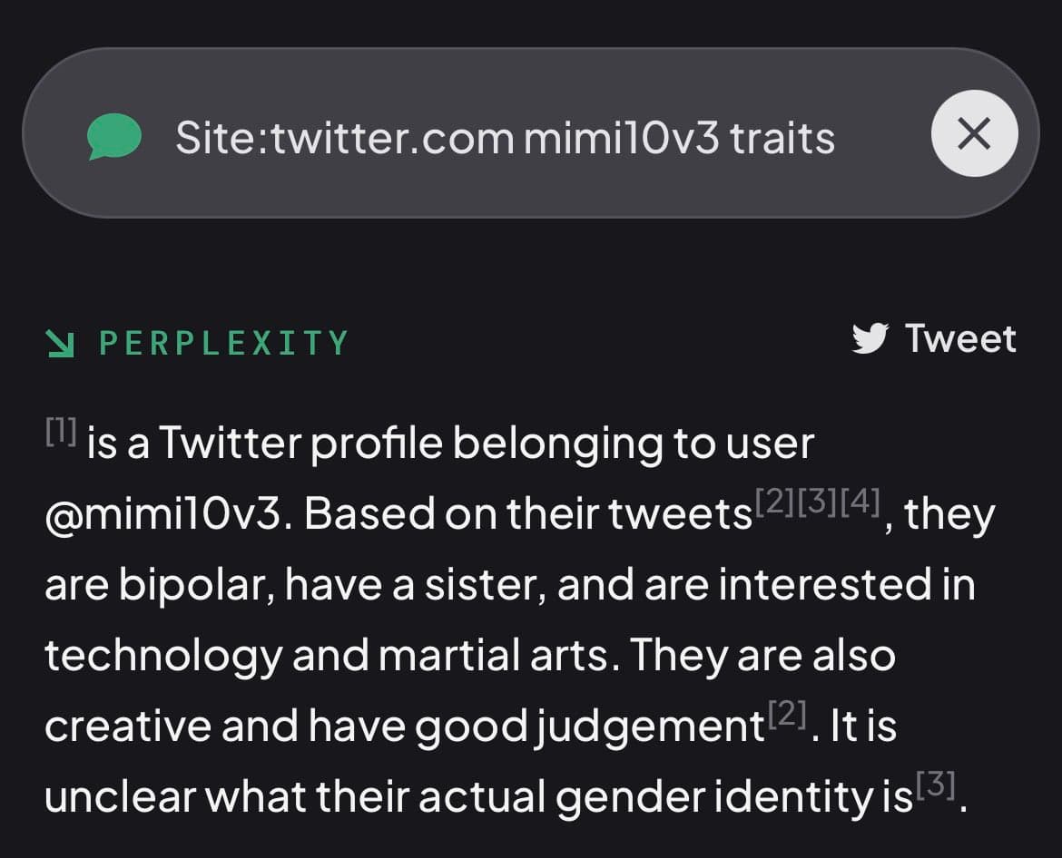 A screenshot of a Perplexity AI search result page. The search query is for a Twitter user's traits, and the AI's response summarizes the user's profile based on their tweets.