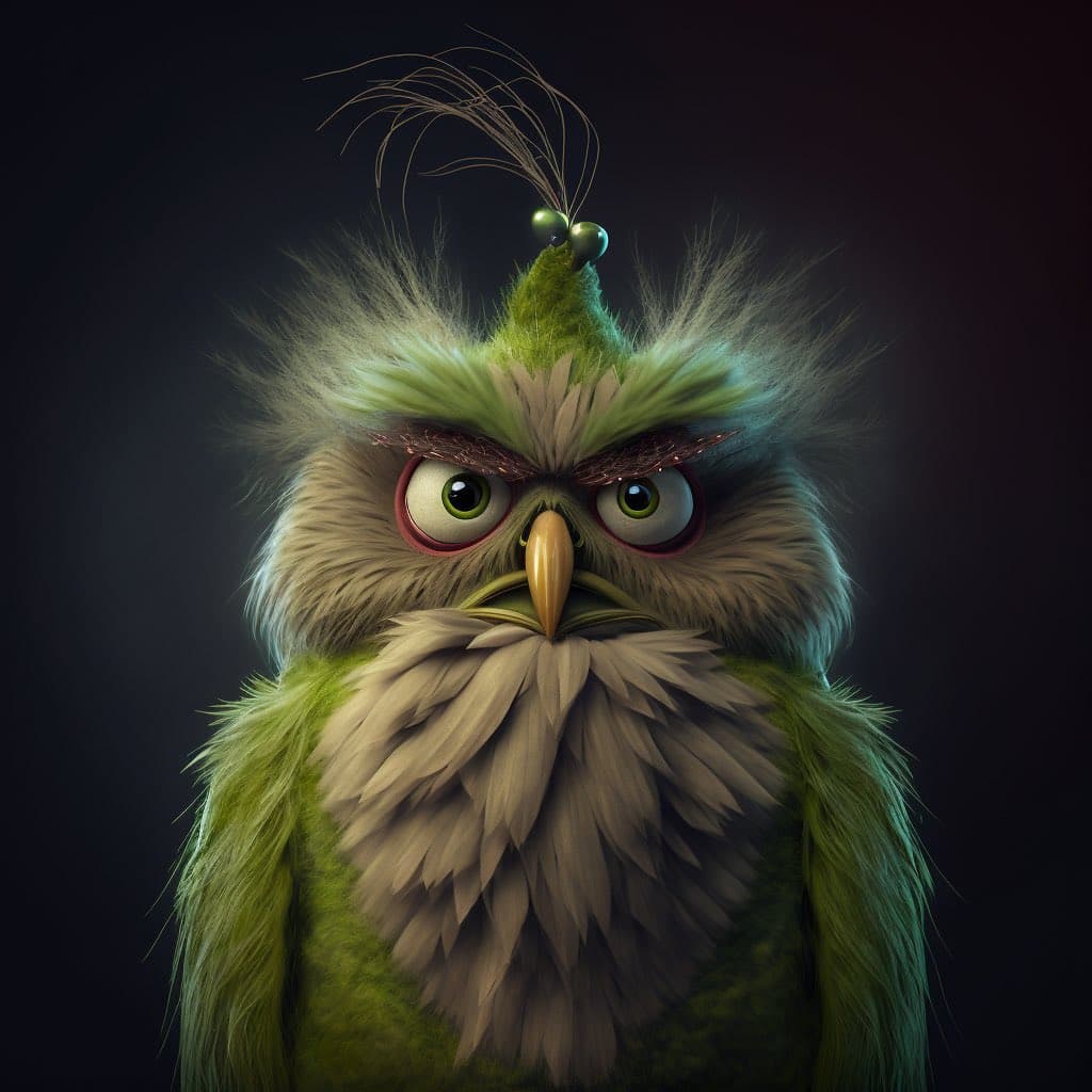 A digital illustration of a grumpy-looking, green and beige owl wearing a small, pointed green hat with a jingle bell on top. The owl has large, expressive eyes and a stern expression, set against a dark background.