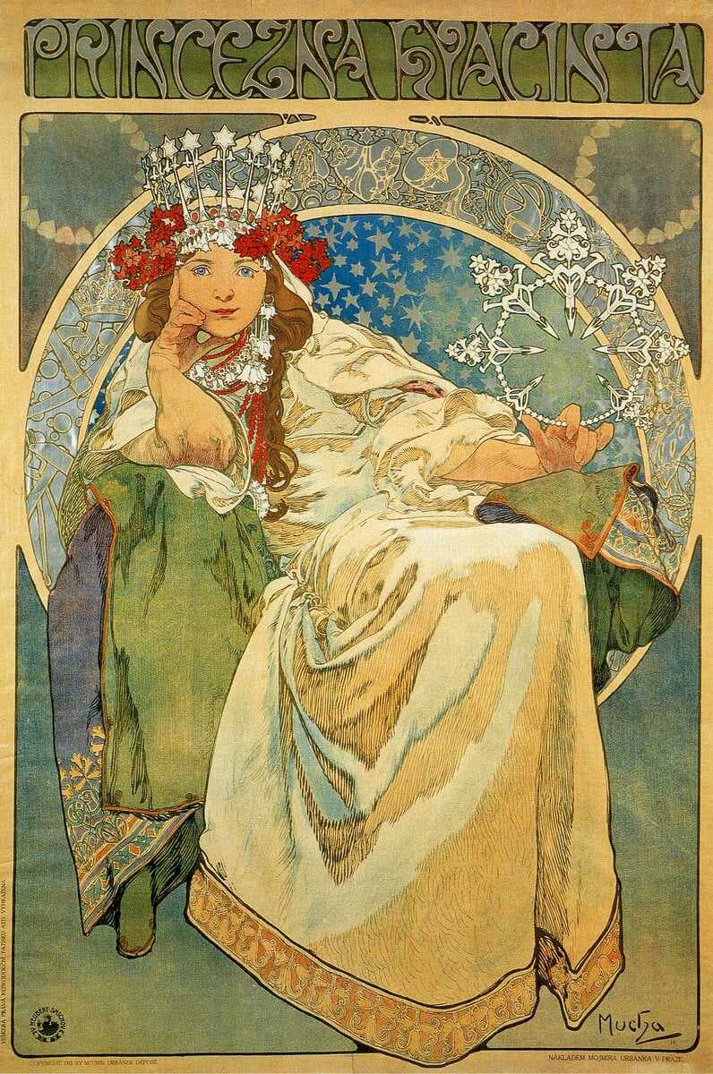 A reproduction of Alphonse Mucha's 1911 Art Nouveau poster, 'Princess Hyacinth,' depicting a seated woman in a crown and flowing robes holding a decorative wand against a starry background.