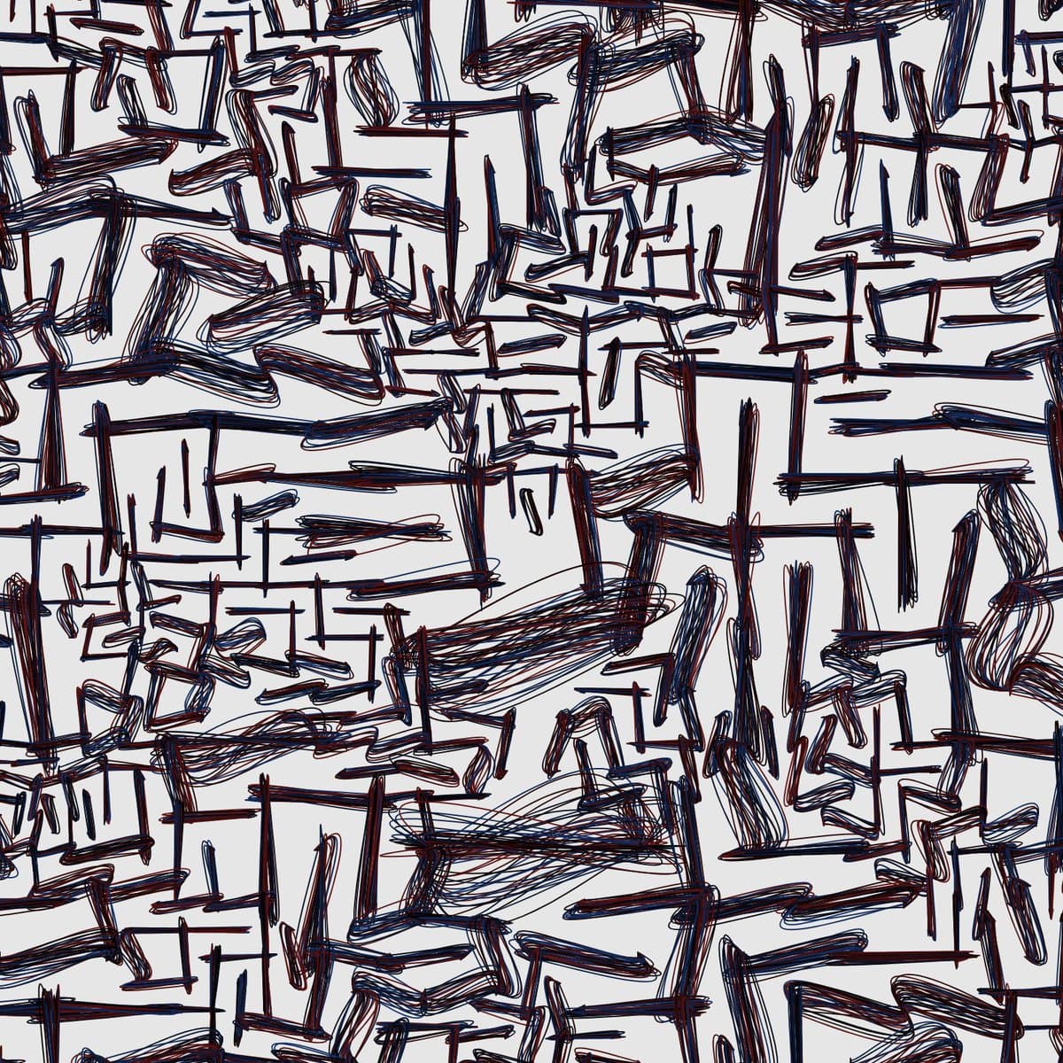 An abstract digital illustration featuring a dense, chaotic pattern of intersecting, angular strokes in dark blue and maroon on a white background. The lines resemble a tangled web of ballpoint pen marks, creating a complex, scribbled texture across the entire frame.