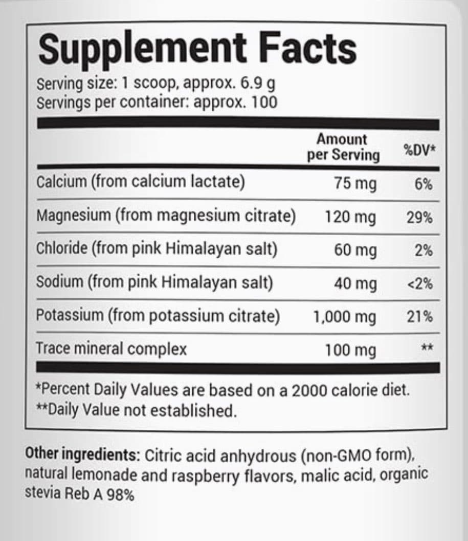 A close-up photograph of a 'Supplement Facts' label on a product container, detailing the nutritional content per serving. Below the main table, a list of 'Other ingredients' is visible.