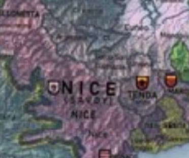 A satellite map view of the Nice region in France, showing the city of Nice and its surrounding areas, including the town of Tenda to the east. The map displays geographical features such as mountains and coastlines, with place names labeled in white text.
