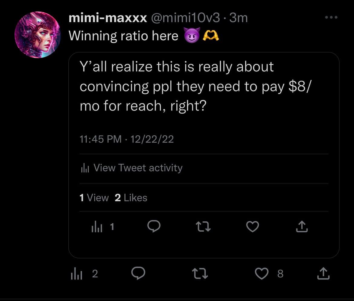 A screenshot of a Twitter post by user 'mimi-maxxx' (@mimi10v3) that quotes another tweet. The quoted tweet questions the purpose of a service, while the main post comments on the 'winning ratio' of the interaction.
