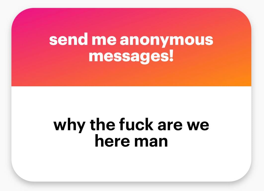 A two-panel meme image with a pink-to-orange gradient top section and a white bottom section. The top panel contains white text, and the bottom panel contains black text.