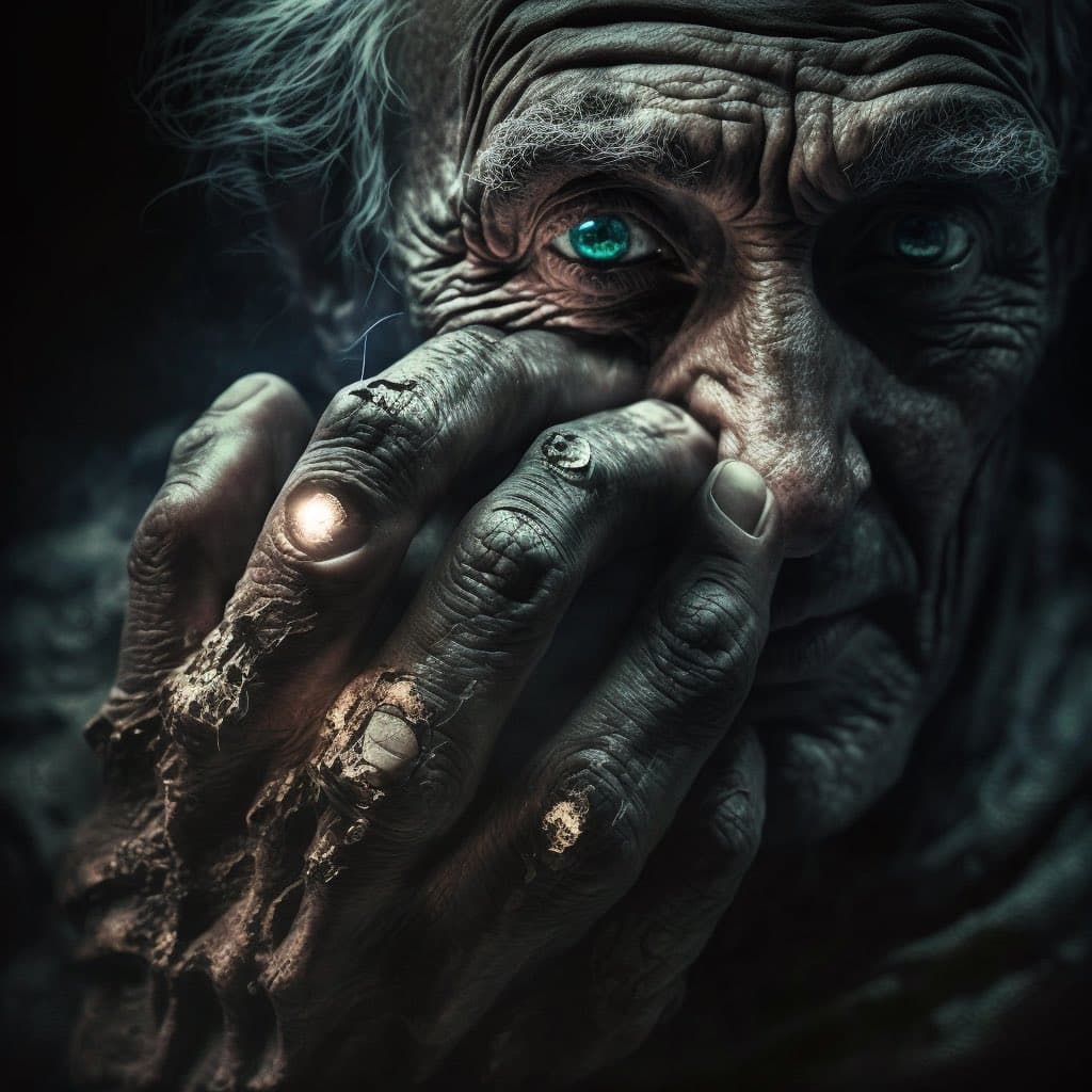 A dark, hyper-realistic digital artwork depicting a close-up of an elderly, weathered face with a hand covering the mouth. The image has a somber, textured aesthetic with glowing blue eyes and cracked, aged skin.