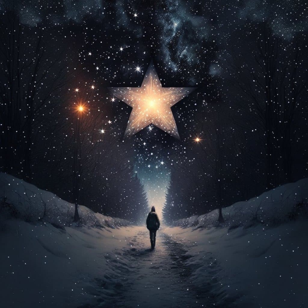 A digital illustration depicts a lone figure walking down a snow-covered path through a dark, snowy forest at night. A large, glowing five-pointed star hangs in the starry sky above the path, accompanied by two smaller glowing lights on either side.