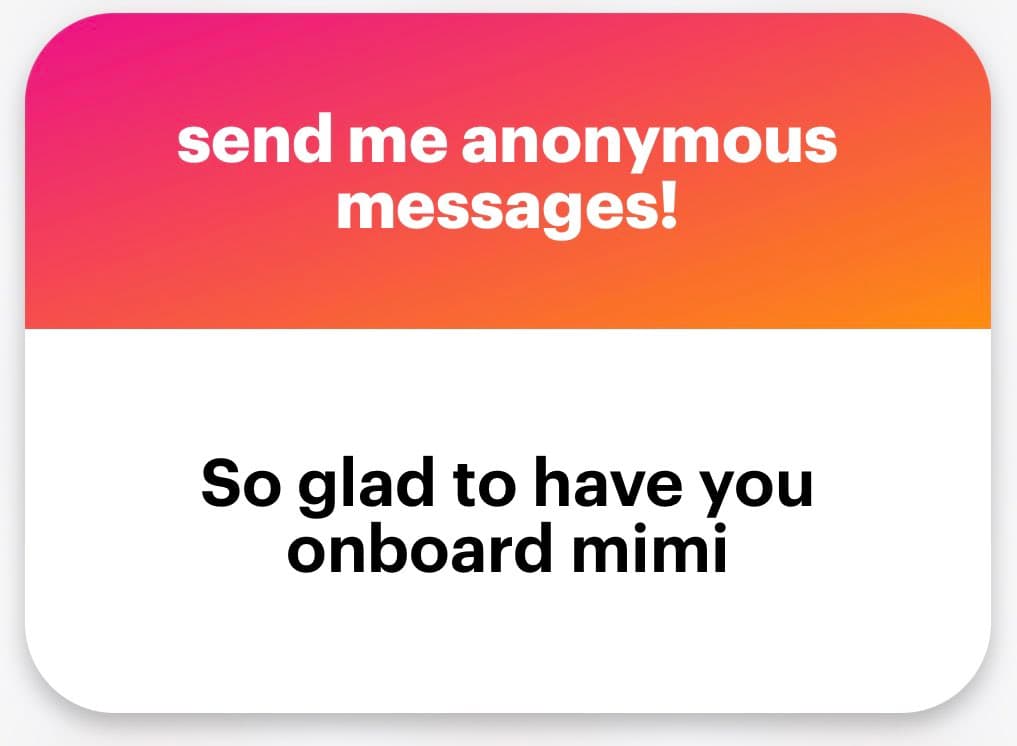 A screenshot of a social media post featuring a graphic with a pink-to-orange gradient header and a white body. The image contains text inviting anonymous messages and a welcome message.